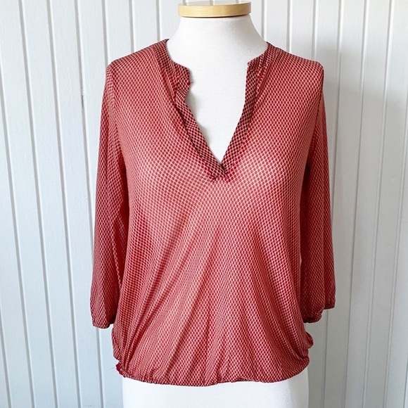 The Limited Orange Red Pattern Blouse Top 70s Look See-Through 3/4 Sleeve Sz XS - Picture 13 of 13